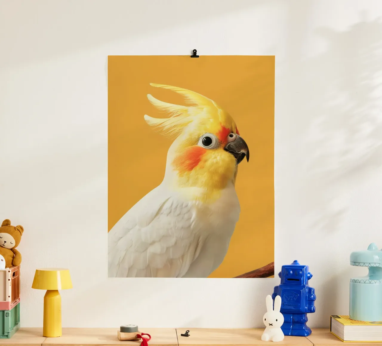 Profil du perroquet Cockatiel Plumage jaune et blanc poster de DesignDoodle