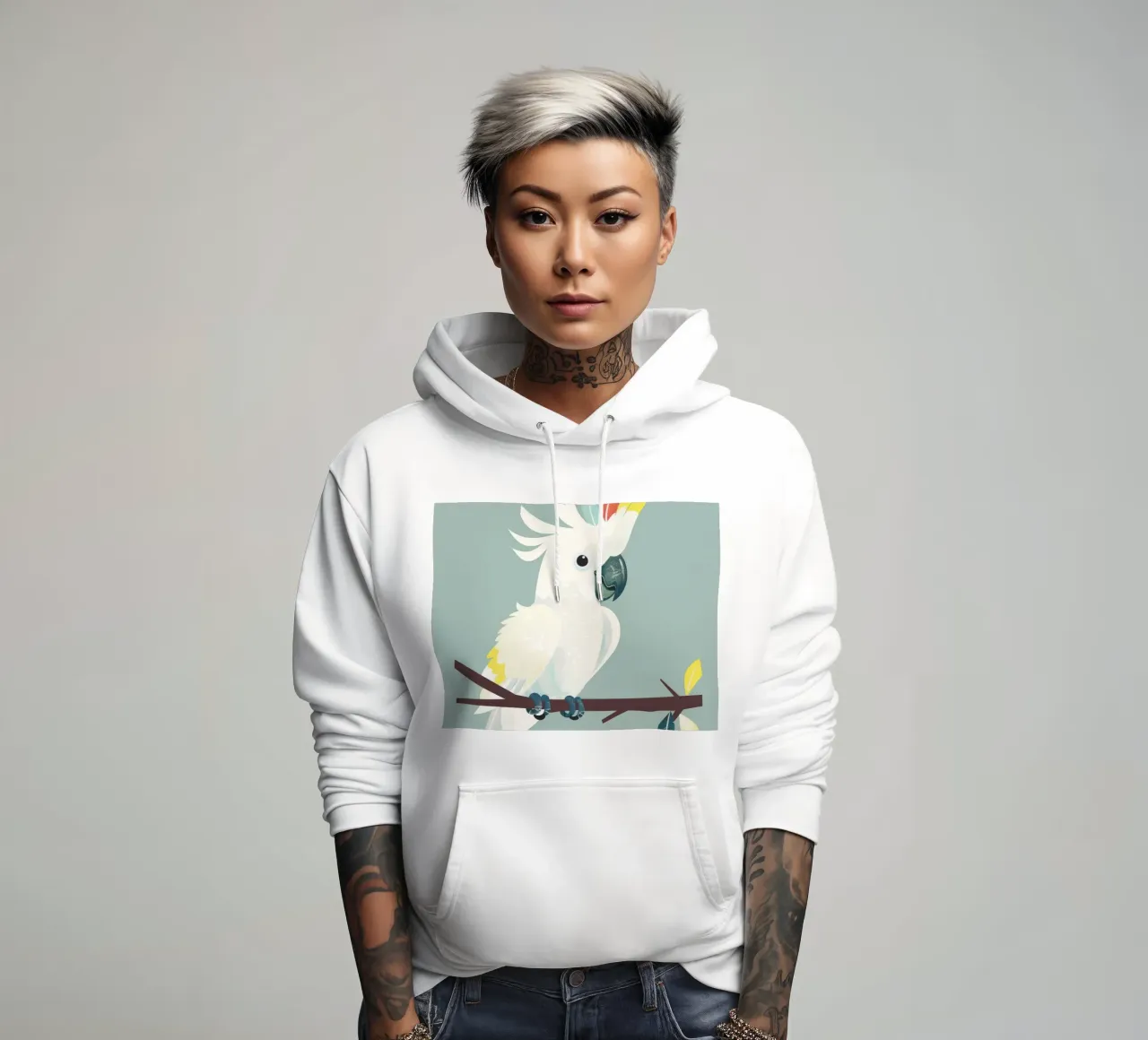 cacatua bianco appollaiato su un ramo marrone scuro felpa con cappuccio da DesignDoodle