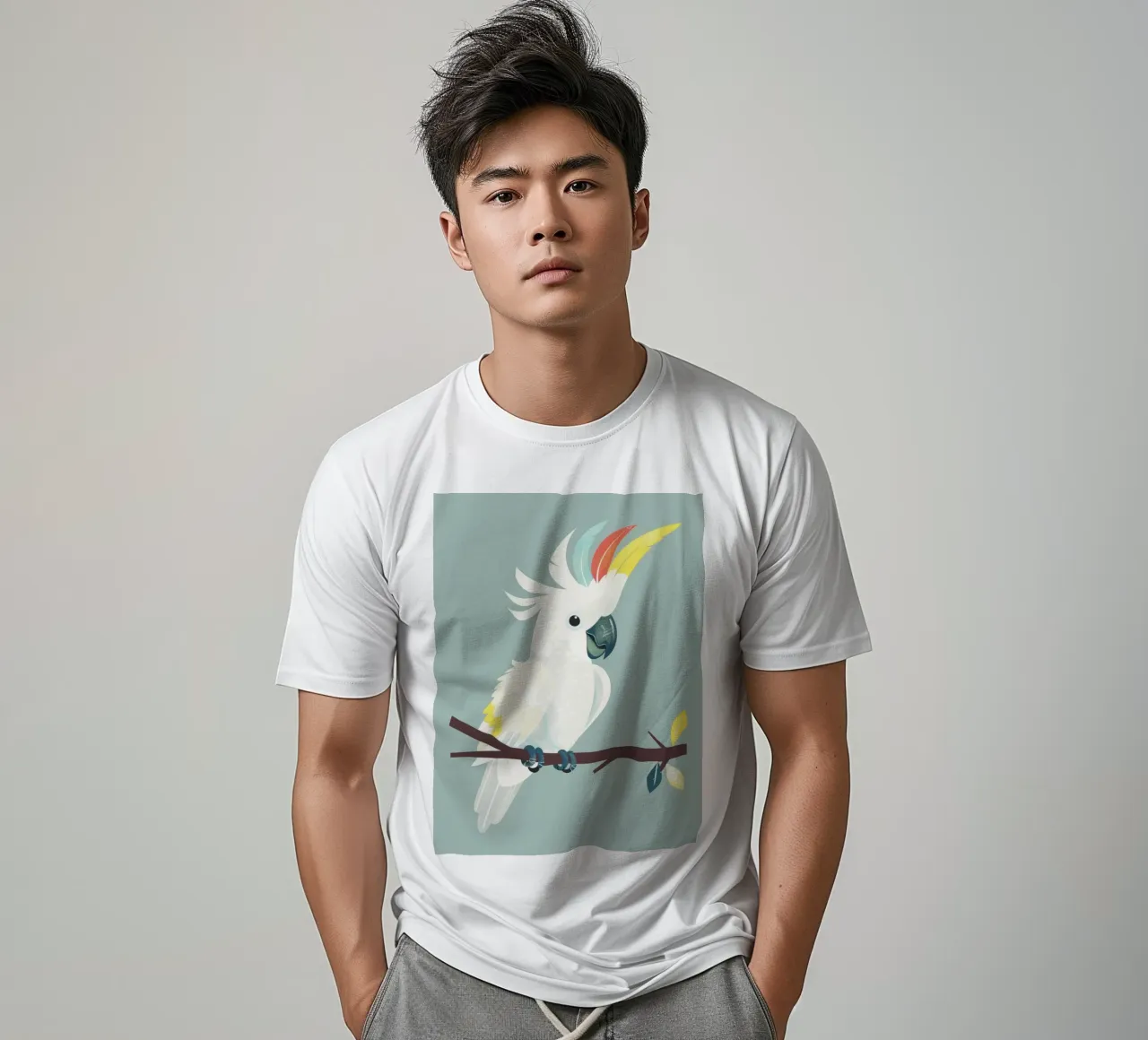 cacatua bianco appollaiato su un ramo marrone scuro t-shirt da DesignDoodle