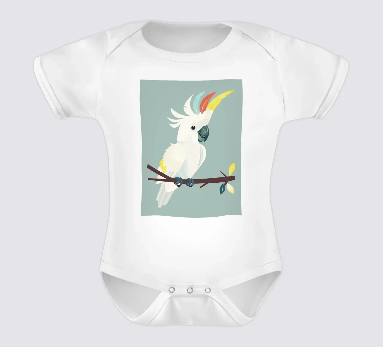 cacatua bianco appollaiato su un ramo marrone scuro body neonato maniche corte da DesignDoodle