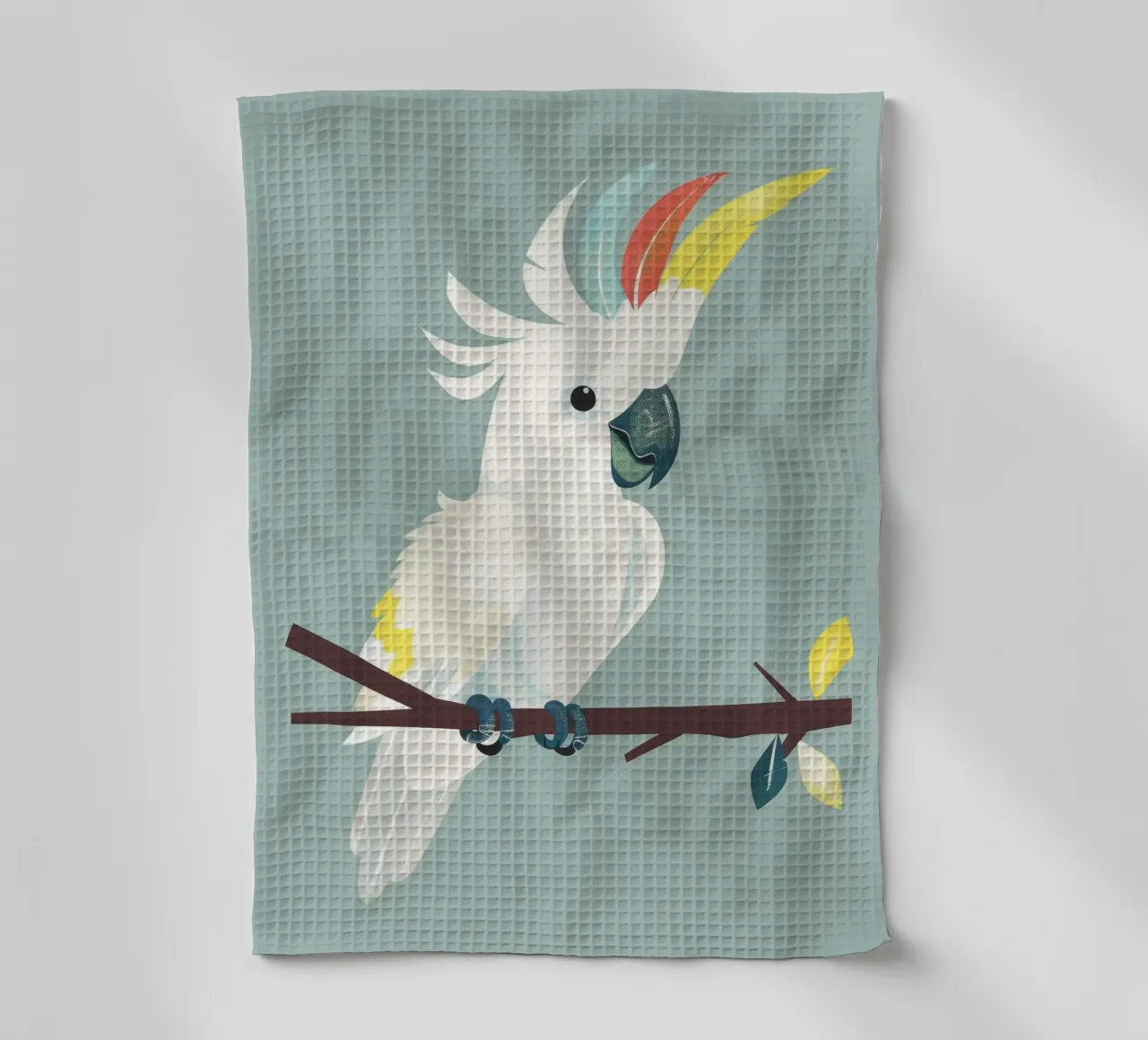 cacatua bianco appollaiato su un ramo marrone scuro canovaccio da cucina da DesignDoodle