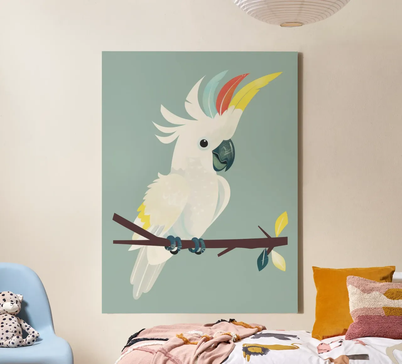 witte kaketoe neergestreken op een donkerbruine tak canvas met Baklijst van DesignDoodle