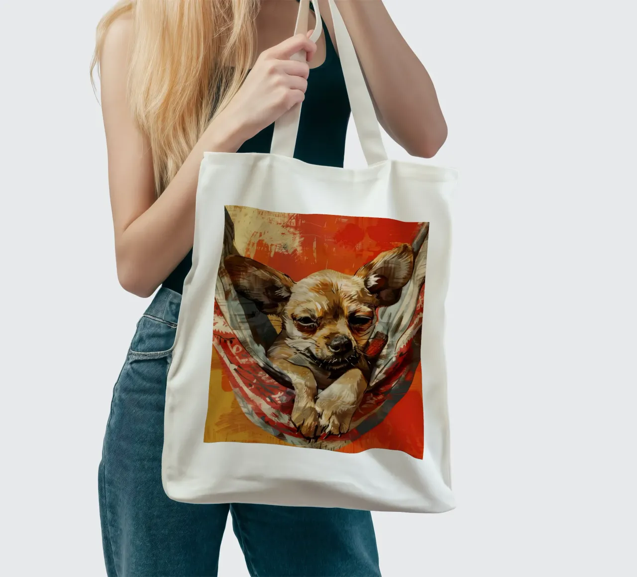 relaxed Chihuahua Puppy in Hammock tote bag by DesignDoodle