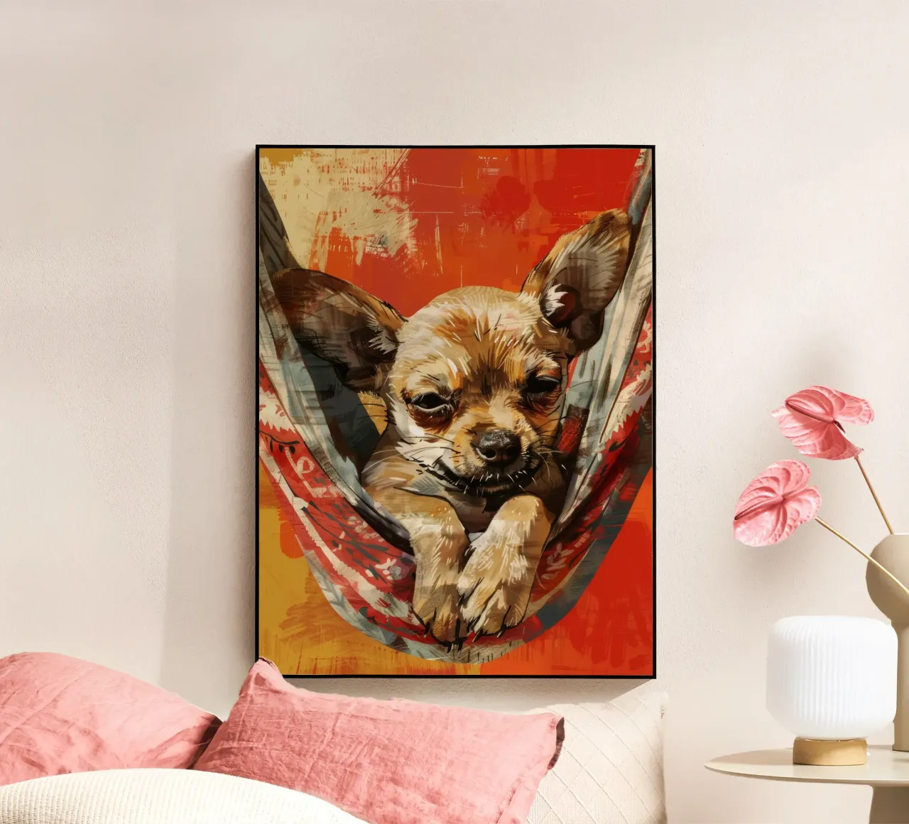 Cucciolo di chihuahua rilassato in amaca plexiglass da DesignDoodle