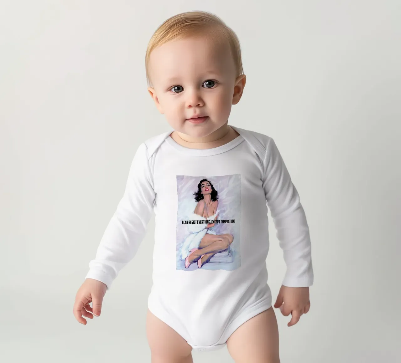 I Can Resist Everything long-sleeve baby romper by Gallery Print and Art Limited