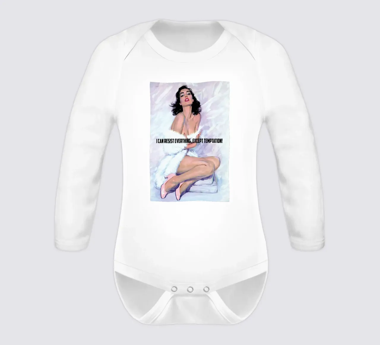 I Can Resist Everything long-sleeve baby romper by Gallery Print and Art Limited