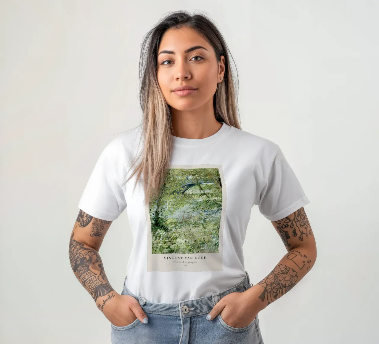 Van Gogh - Flussufer im Frühling Druck T-Shirt von Sylviepaint
