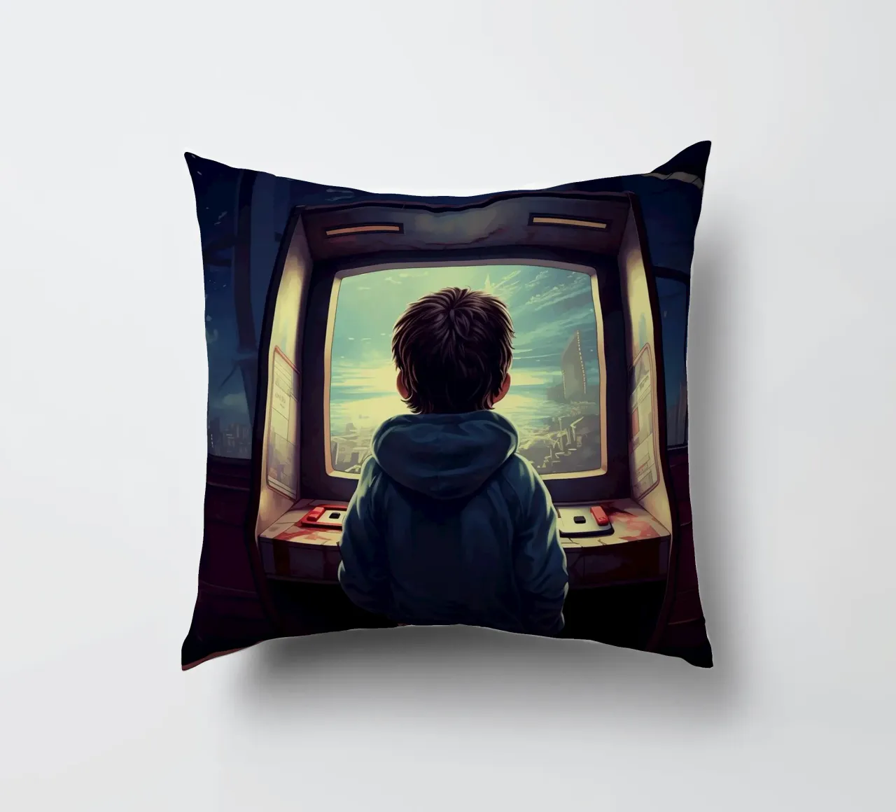 A Boy Playing Arcade Game Machine decorative cushion by Fleur de Lys