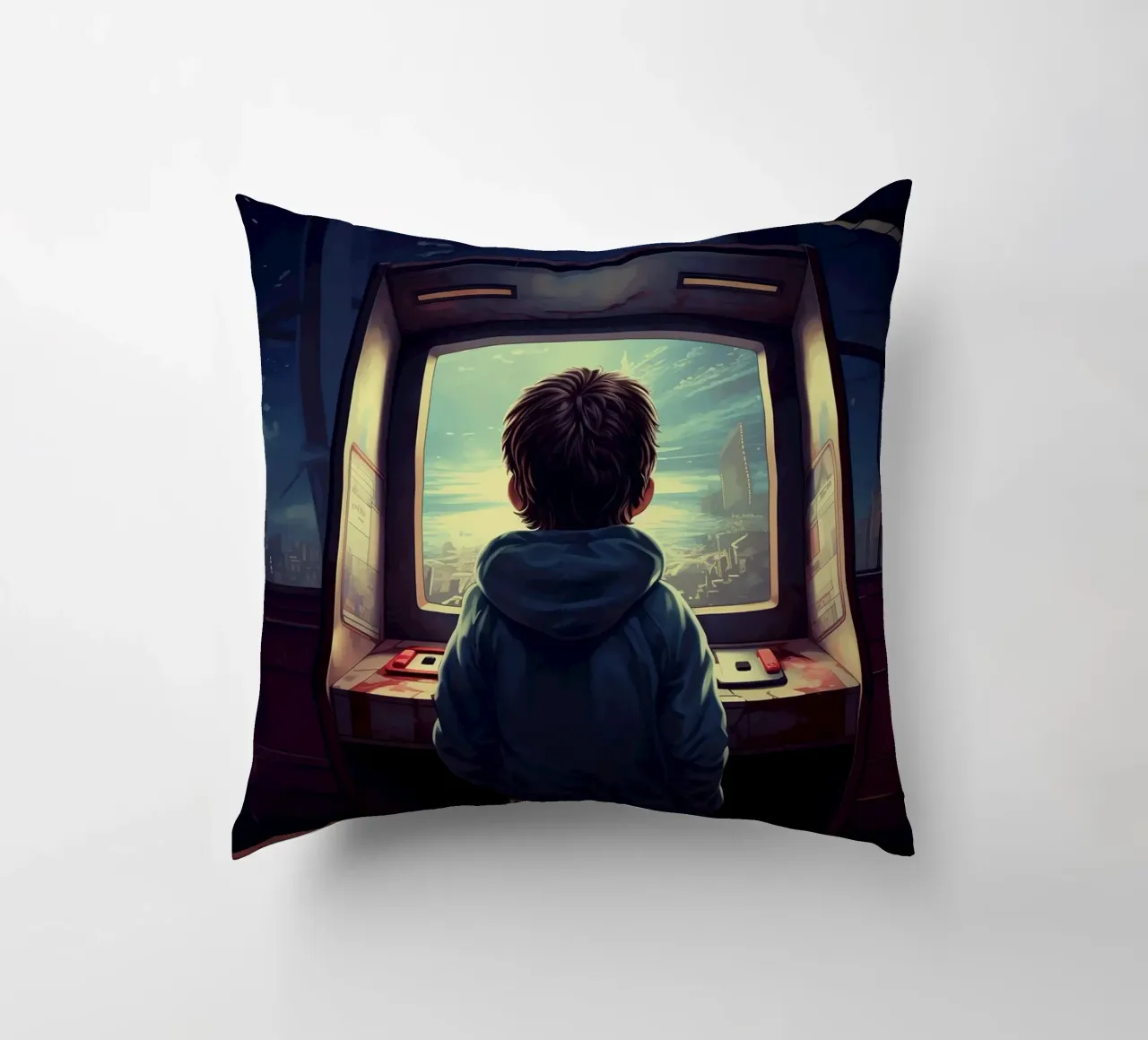 A Boy Playing Arcade Game Machine decorative cushion by Fleur de Lys