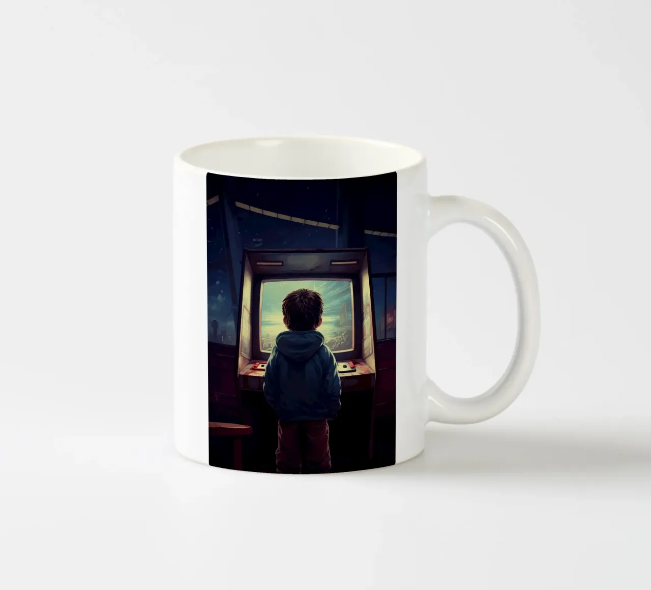 Un ragazzo che gioca alla macchina da gioco arcade tazza in ceramica da Fleur de Lys