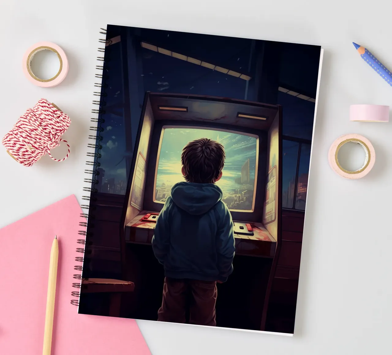 A Boy Playing Arcade Game Machine spiral notebook by Fleur de Lys
