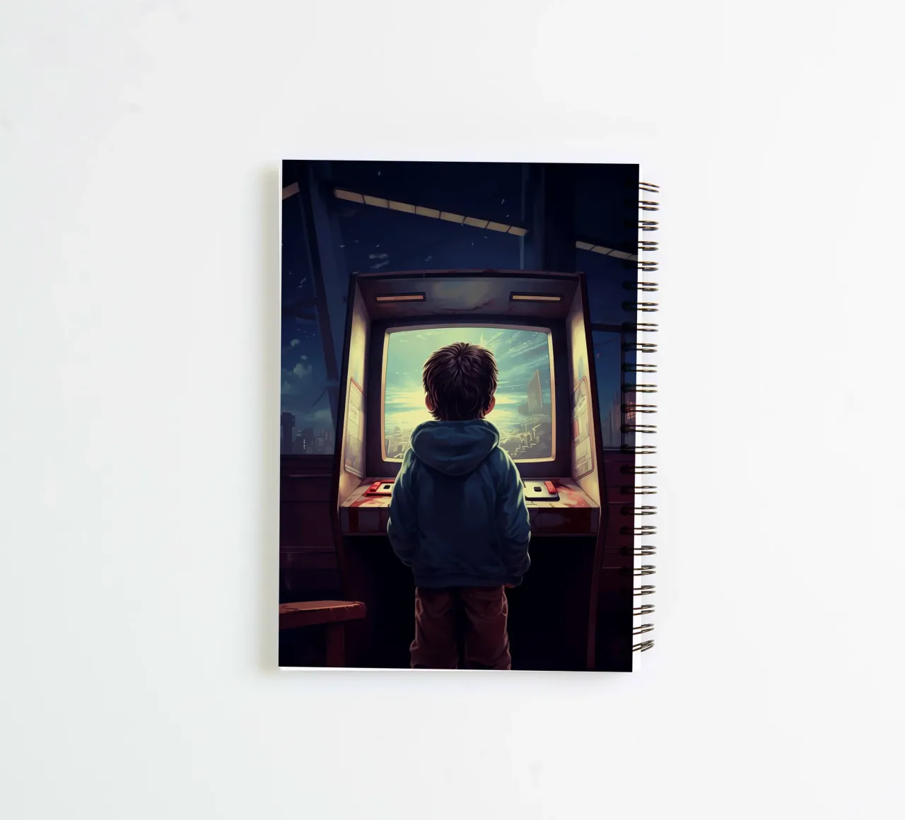 A Boy Playing Arcade Game Machine spiral notebook by Fleur de Lys