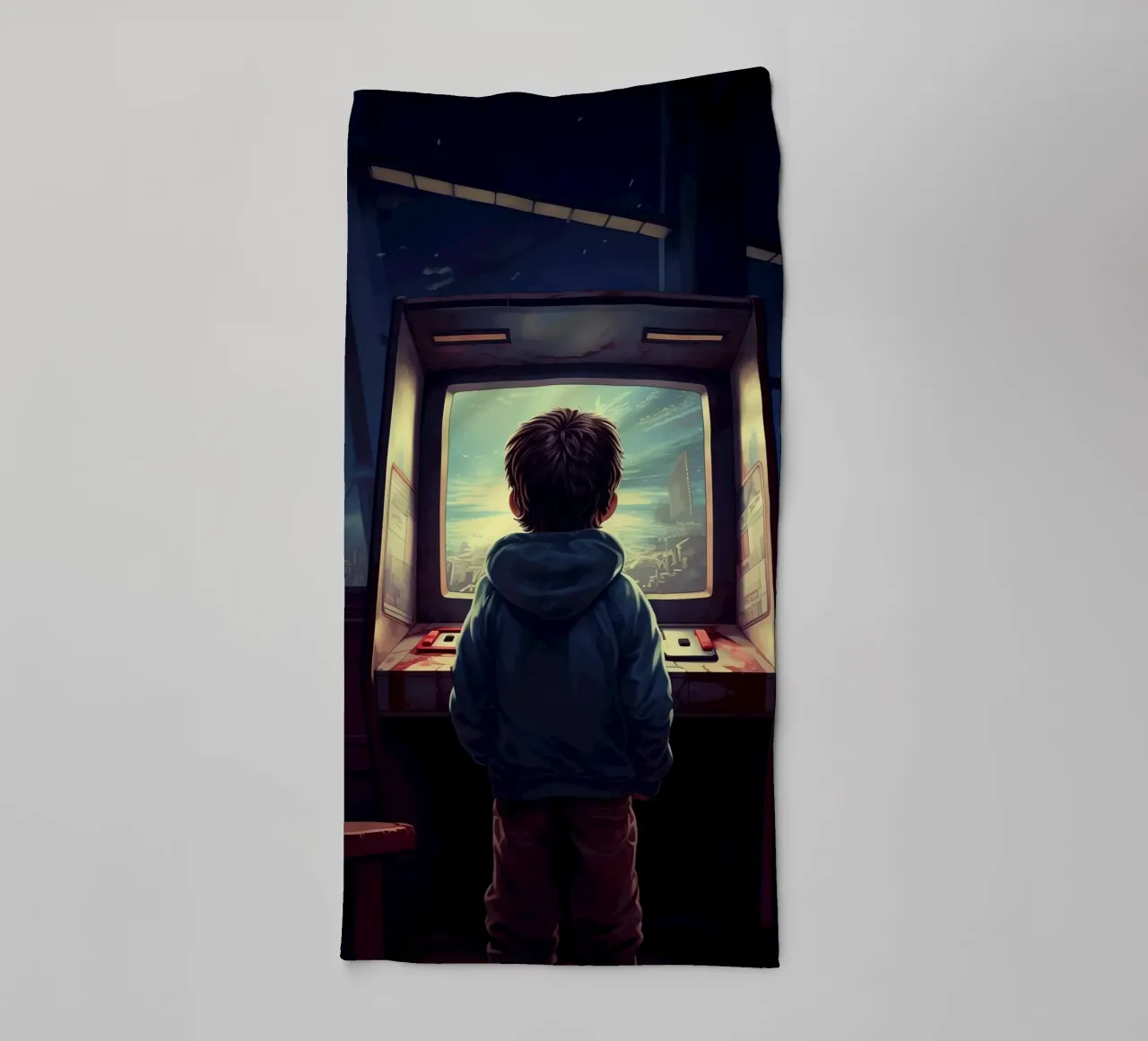 A Boy Playing Arcade Game Machine towel by Fleur de Lys