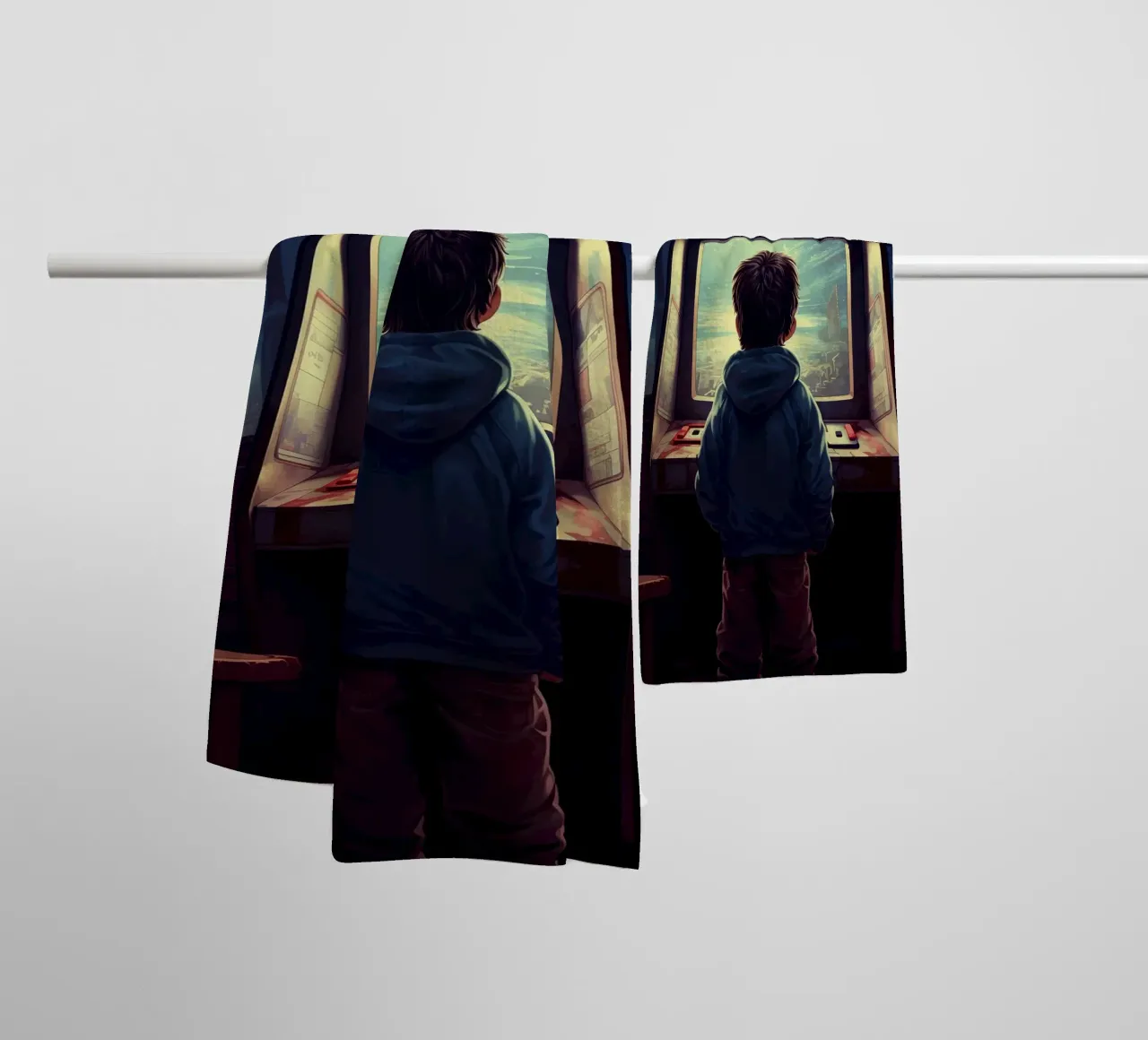 A Boy Playing Arcade Game Machine towel by Fleur de Lys