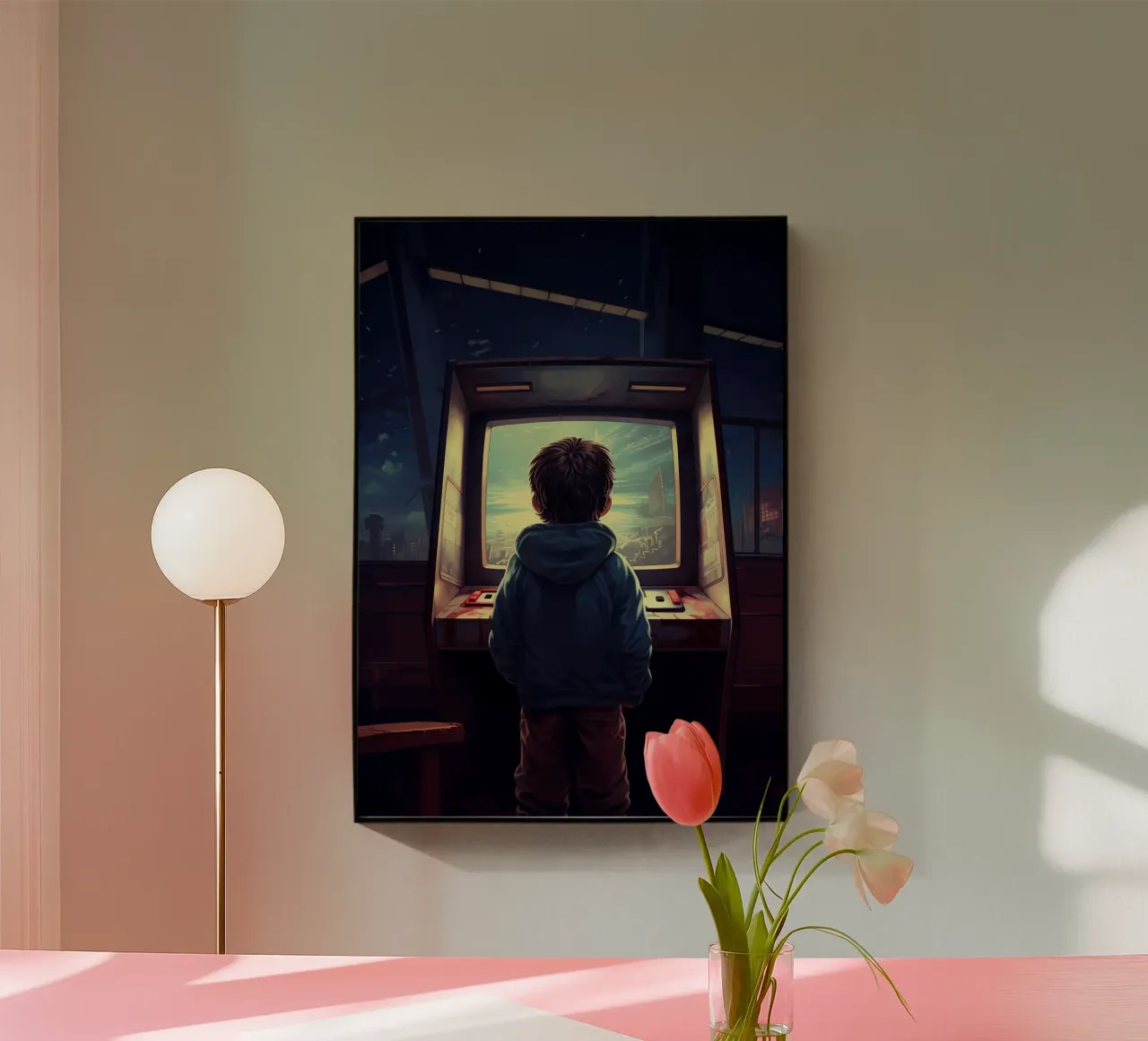 Un ragazzo che gioca alla macchina da gioco arcade plexiglass da Fleur de Lys