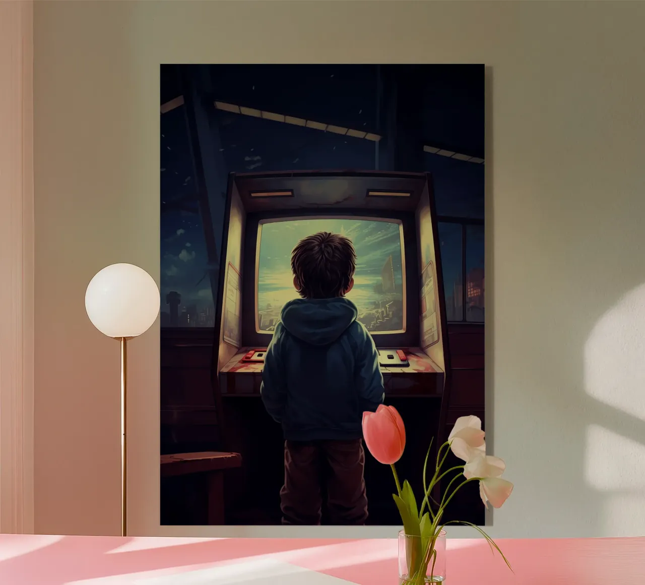 Un ragazzo che gioca alla macchina da gioco arcade plexiglass da Fleur de Lys