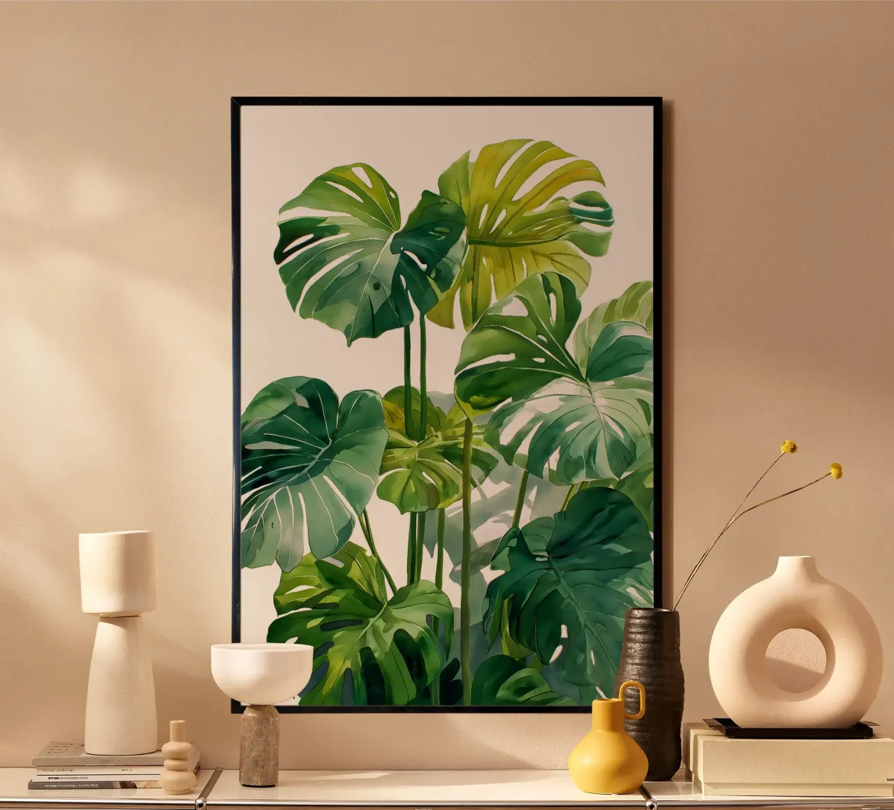 Monstera ad acquerello poster con telaio in legno da Studio Verde