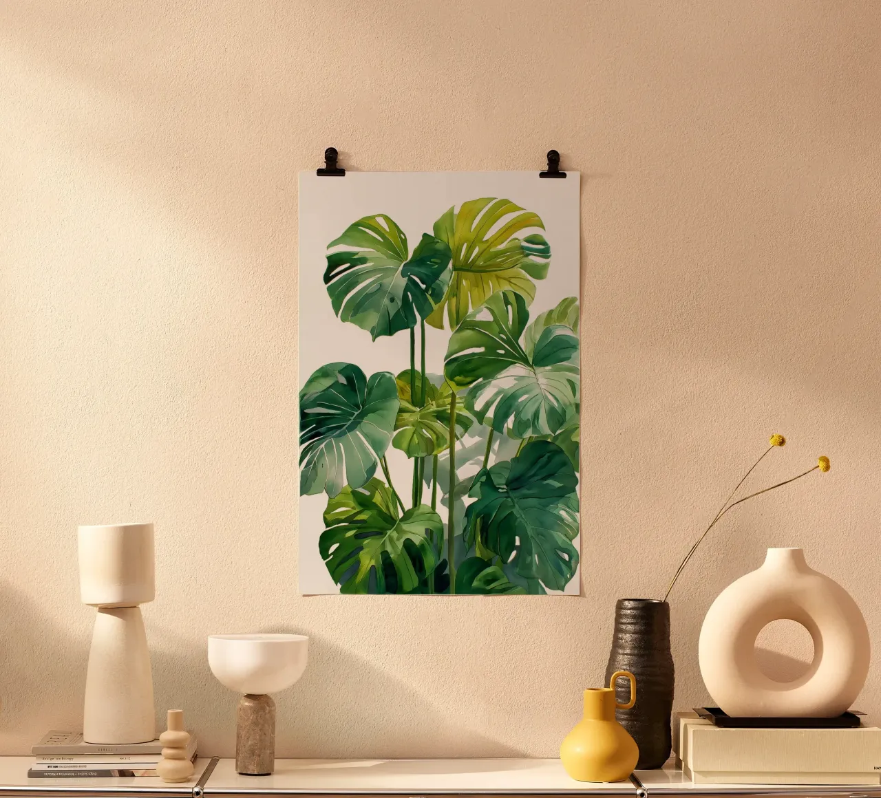 Monstera ad acquerello poster con telaio in legno da Studio Verde