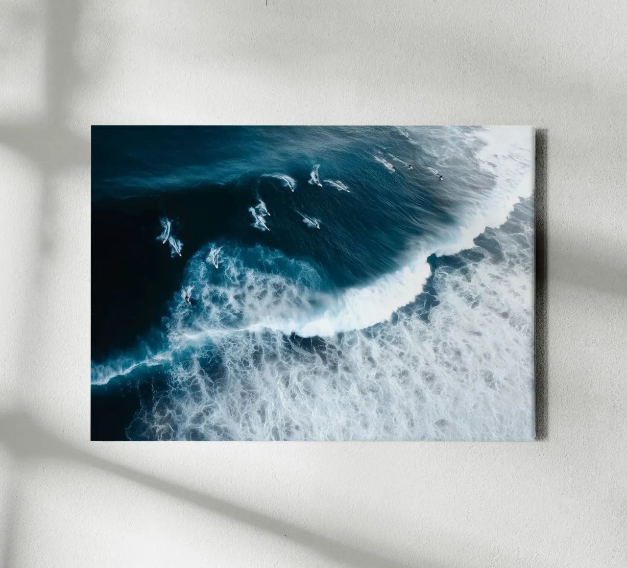 Aerial Surf Print - Surfers Riding Big Ocean Waves canvas with Floater frame by Nadjaa