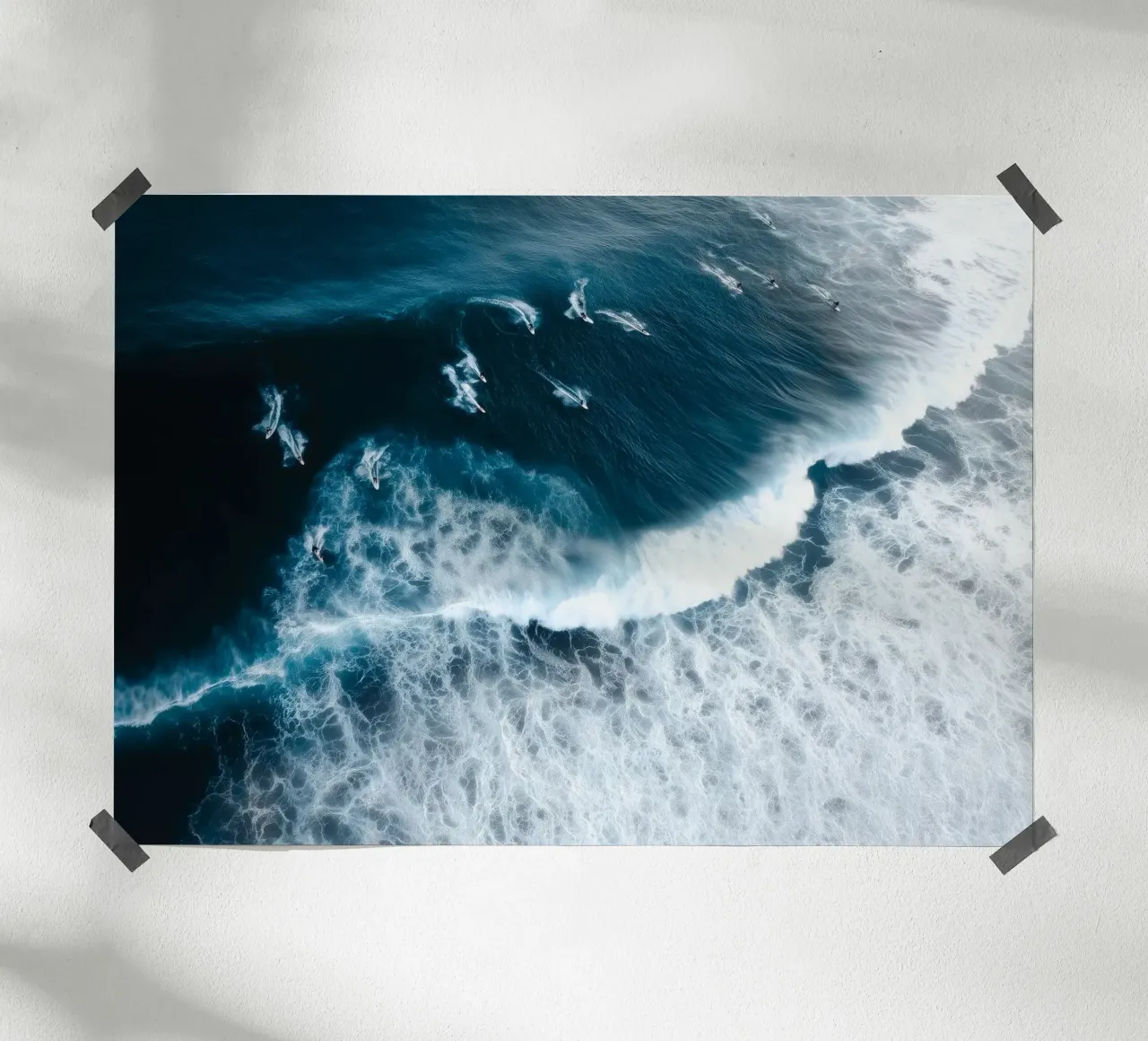 Aerial Surf Print - Surfers Riding Big Ocean Waves poster con telaio in plastica da Nadjaa