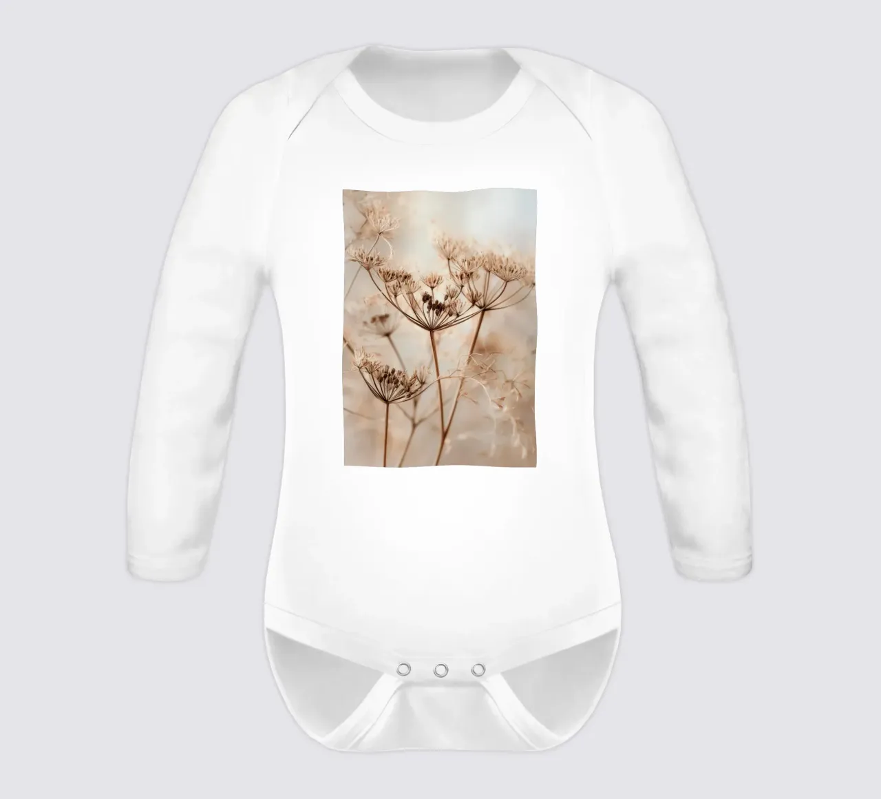 Minimalist Botanical Print – Dried Wild Fennel Stems long-sleeve baby romper by Vela Luna