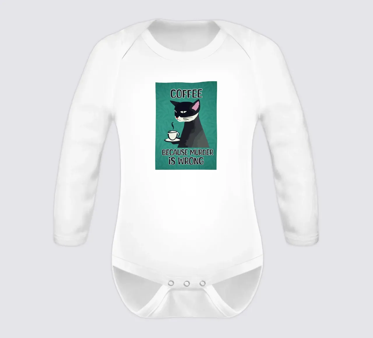Cat Coffee Murder Is Wrong long-sleeve baby romper by Arjun