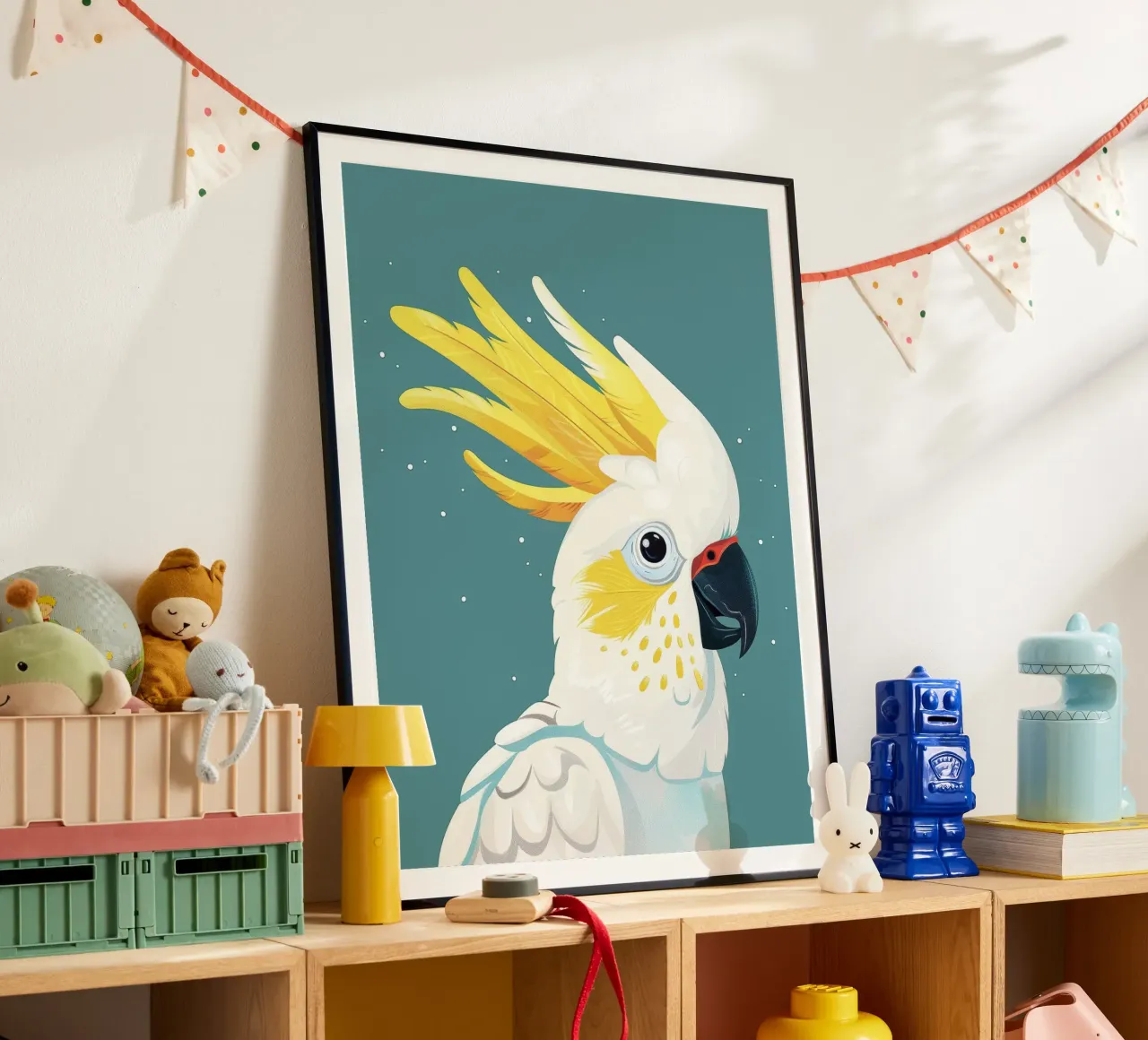 Ritratto illustrato di cacatua dal ciuffo sulfureo poster con telaio in alluminio da DesignDoodle