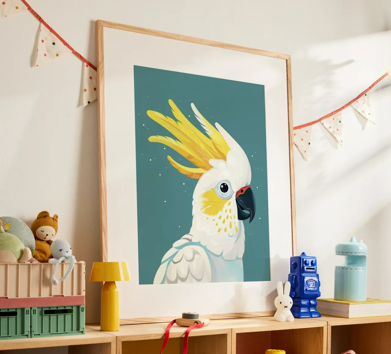 Ritratto illustrato di cacatua dal ciuffo sulfureo poster con telaio in alluminio da DesignDoodle