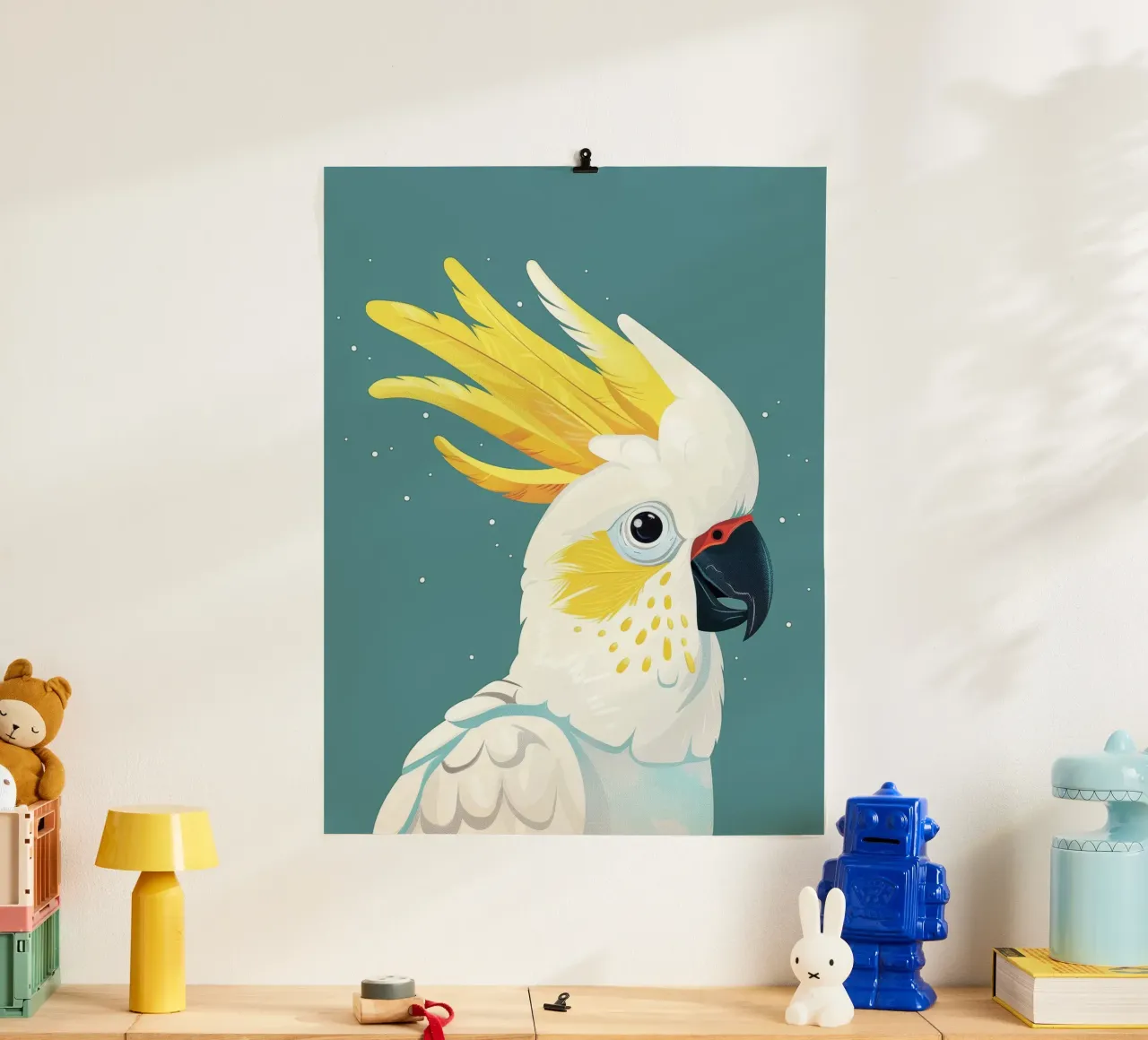 Ritratto illustrato di cacatua dal ciuffo sulfureo poster con telaio in alluminio da DesignDoodle