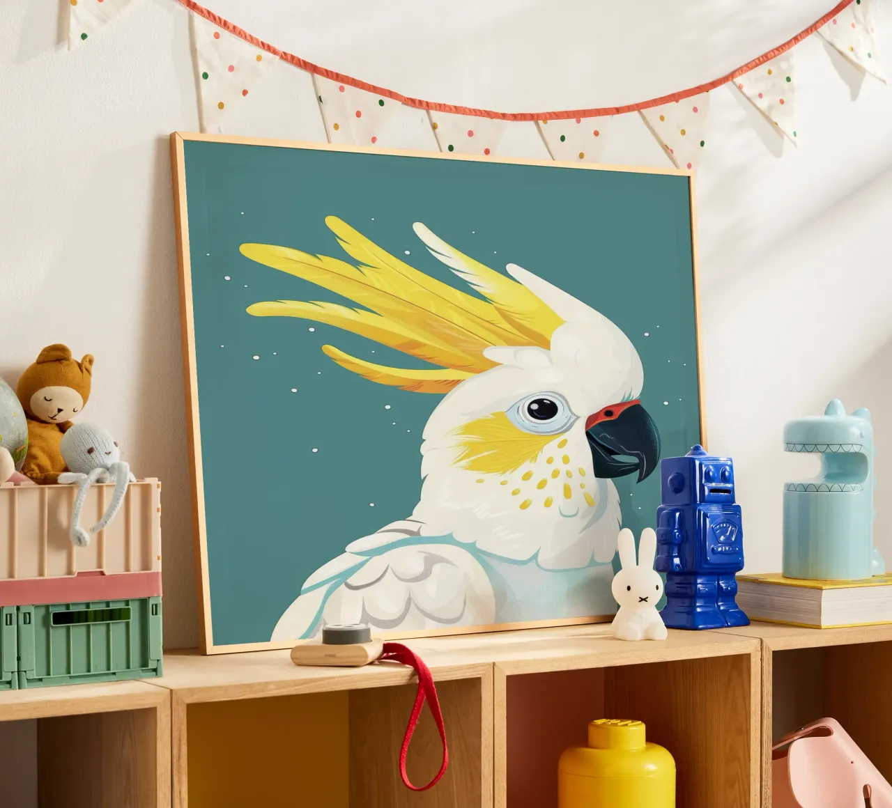 Ritratto illustrato di cacatua dal ciuffo sulfureo poster con telaio in alluminio da DesignDoodle