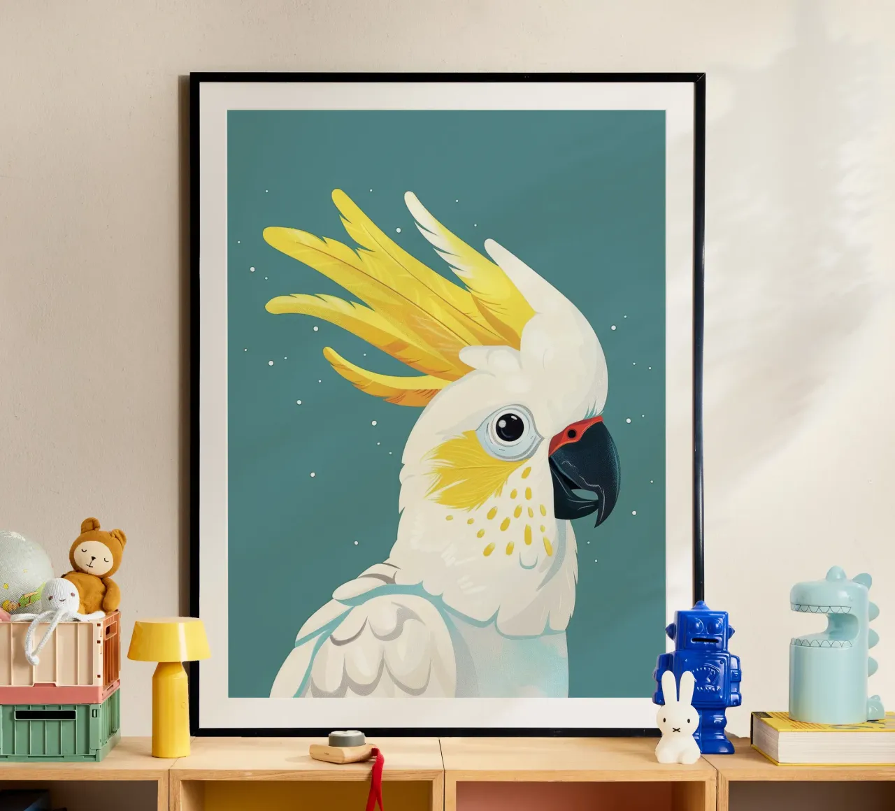 Ritratto illustrato di cacatua dal ciuffo sulfureo poster con telaio in alluminio da DesignDoodle