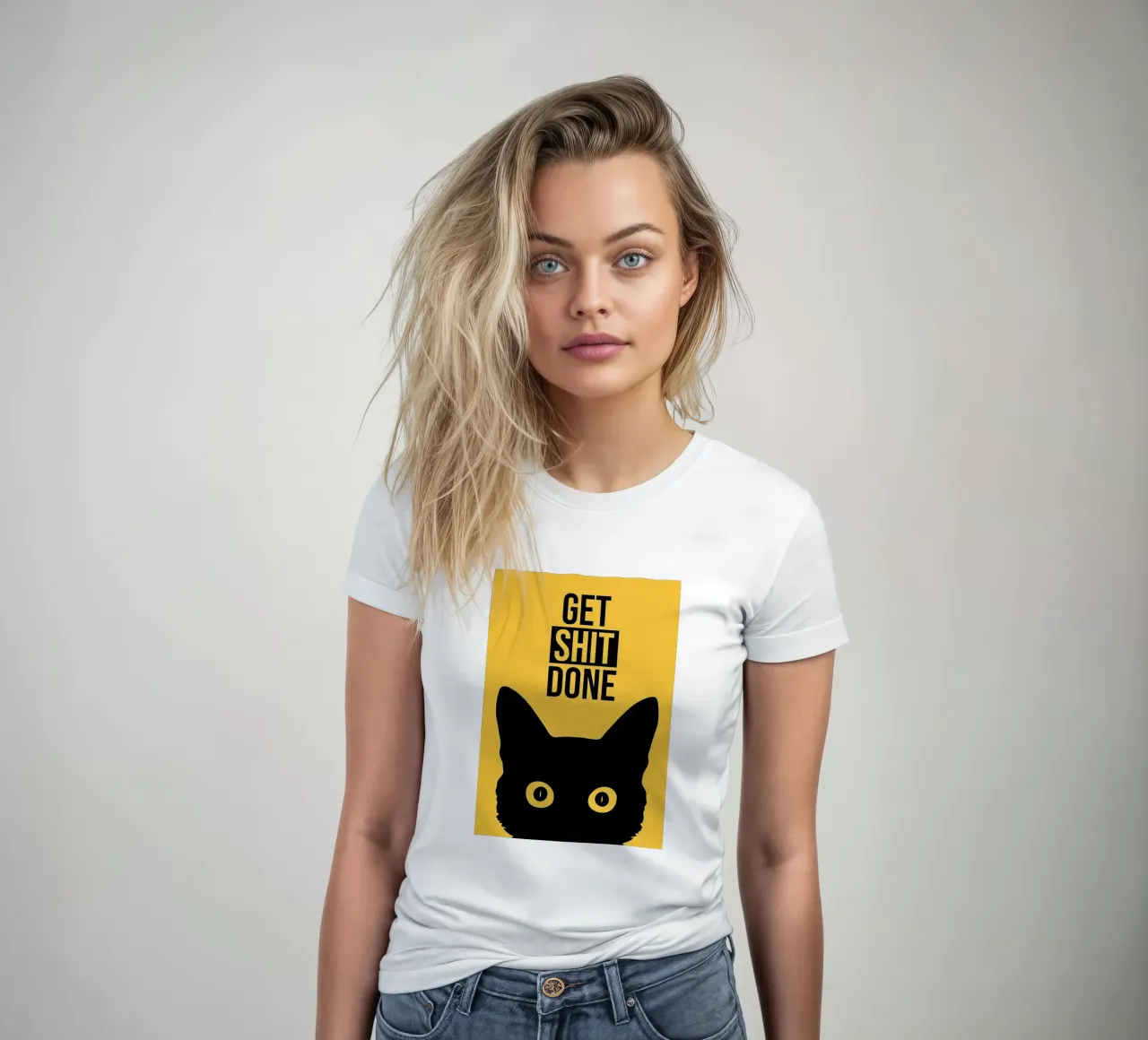 Cat Staring Get Shit Done women's fitted t-shirt by Arjun