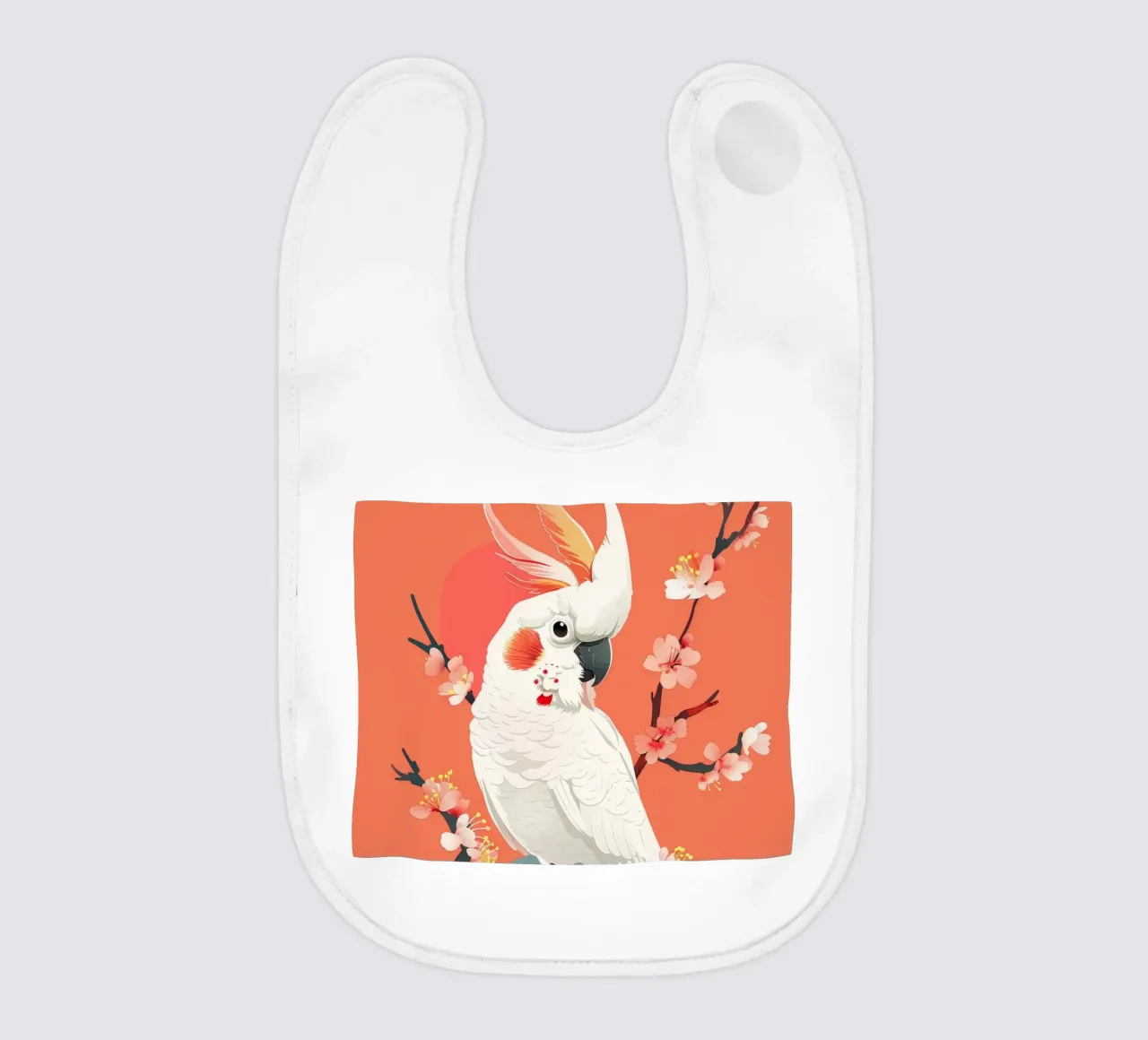 Cacatua su ramo con fiori illustrazione bavaglino da DesignDoodle