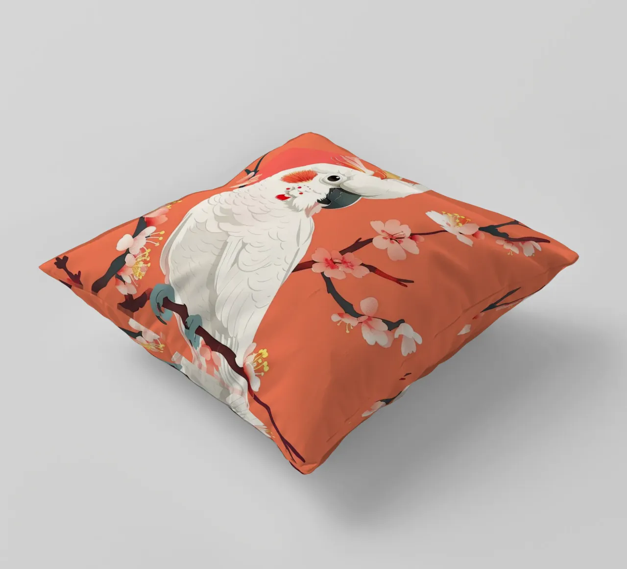 Cacatua su ramo con fiori illustrazione cuscino da DesignDoodle