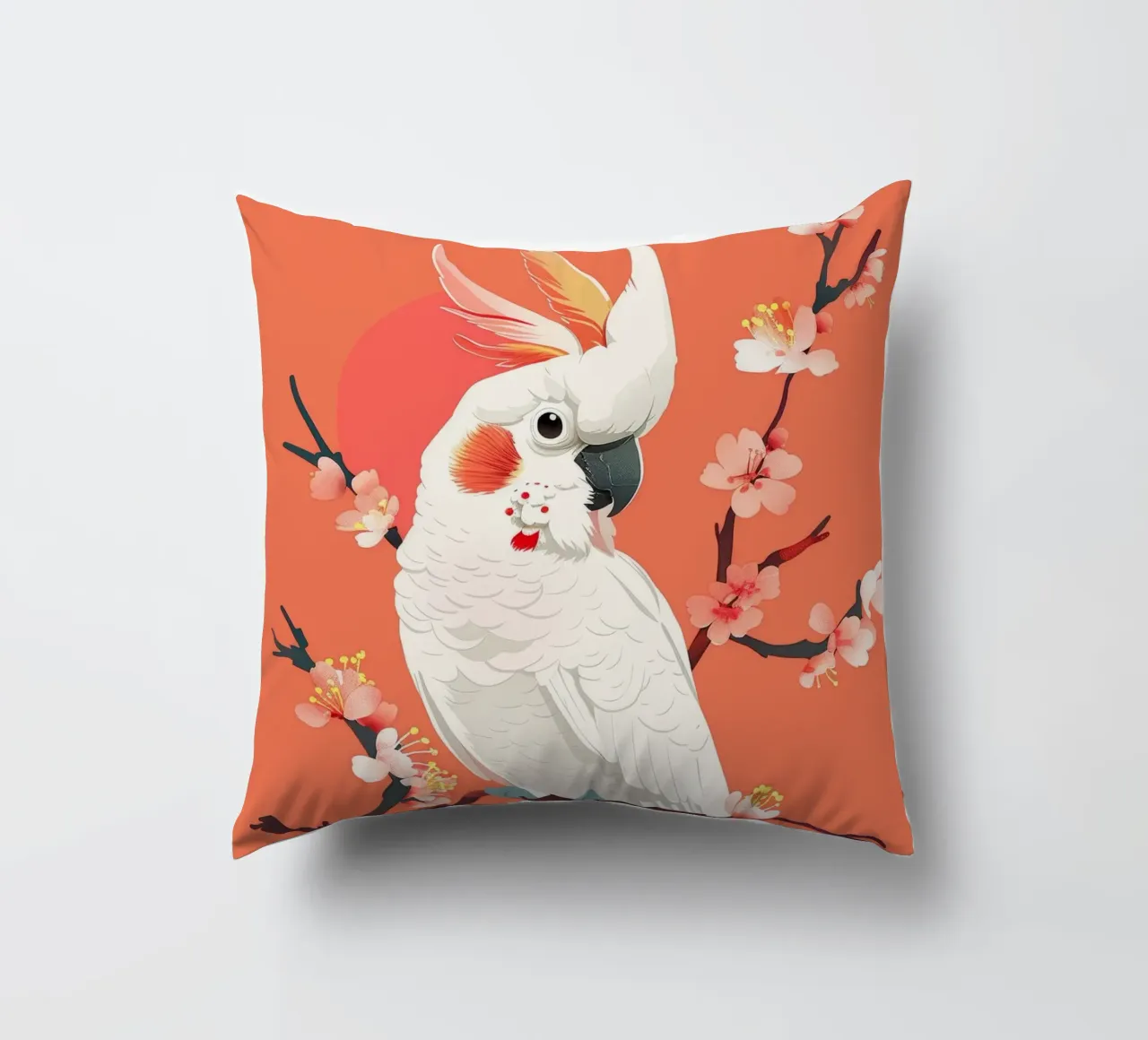 Cacatua su ramo con fiori illustrazione cuscino da DesignDoodle