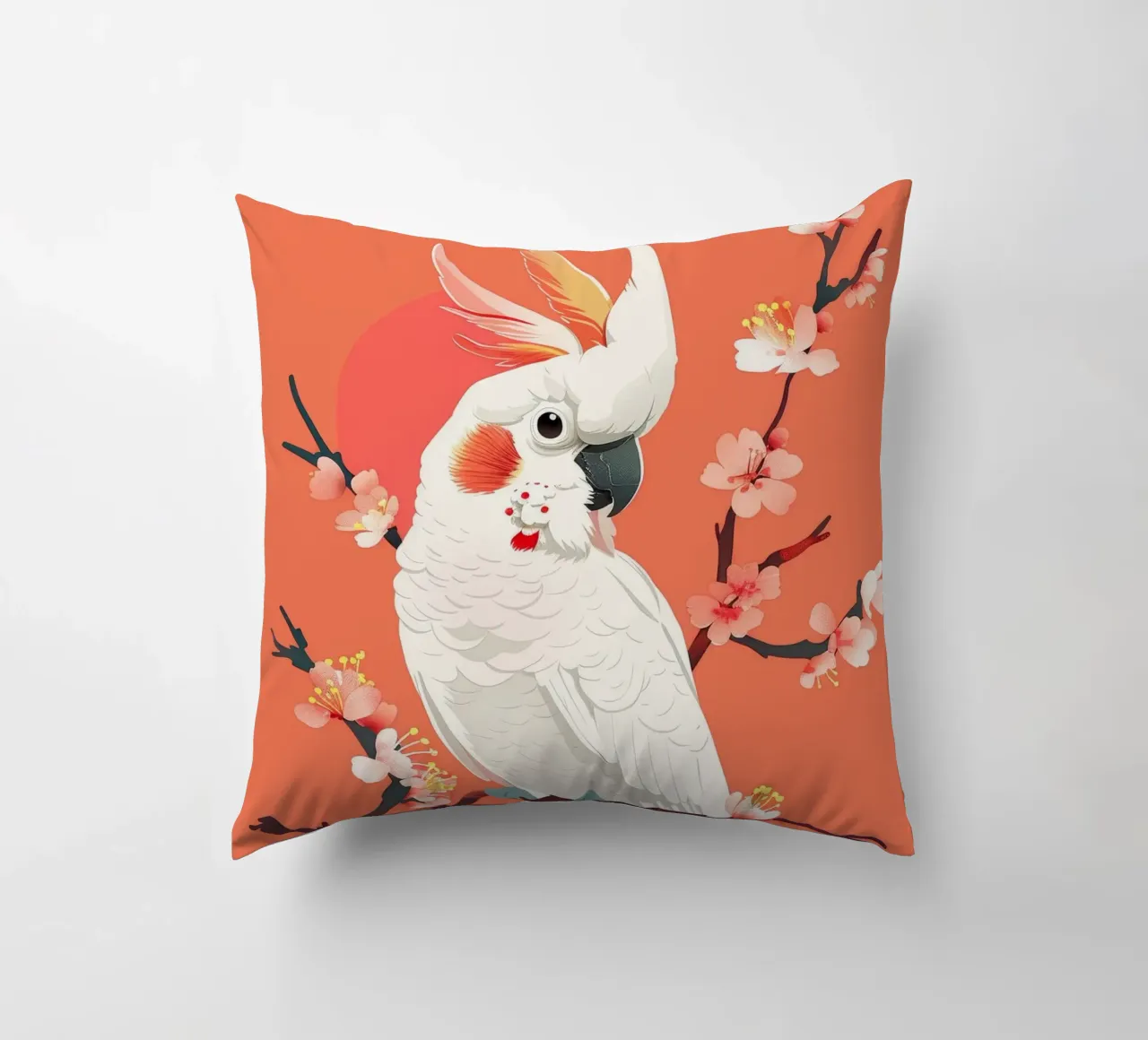 Cacatua su ramo con fiori illustrazione cuscino da DesignDoodle