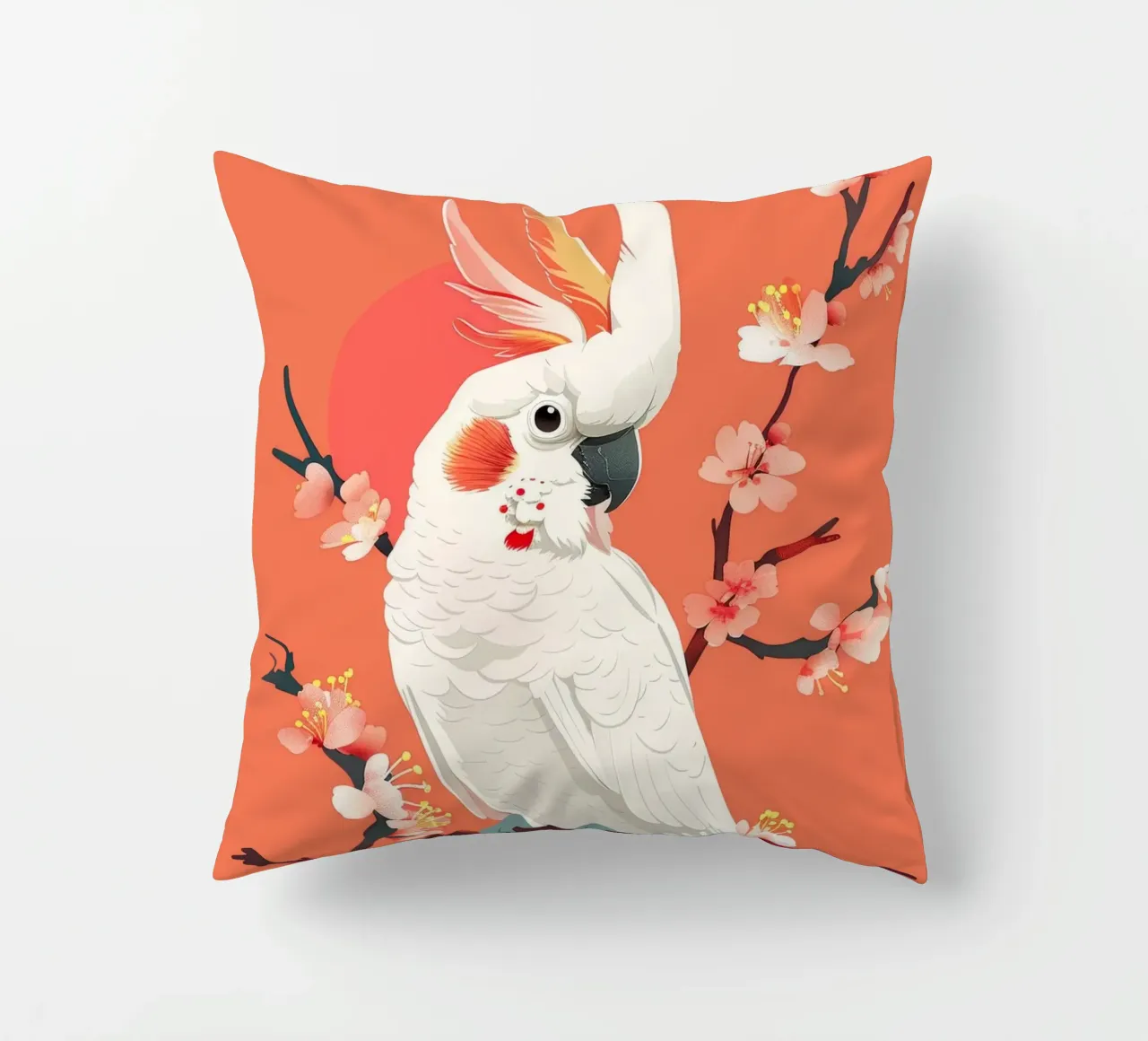 Cacatua su ramo con fiori illustrazione cuscino da DesignDoodle