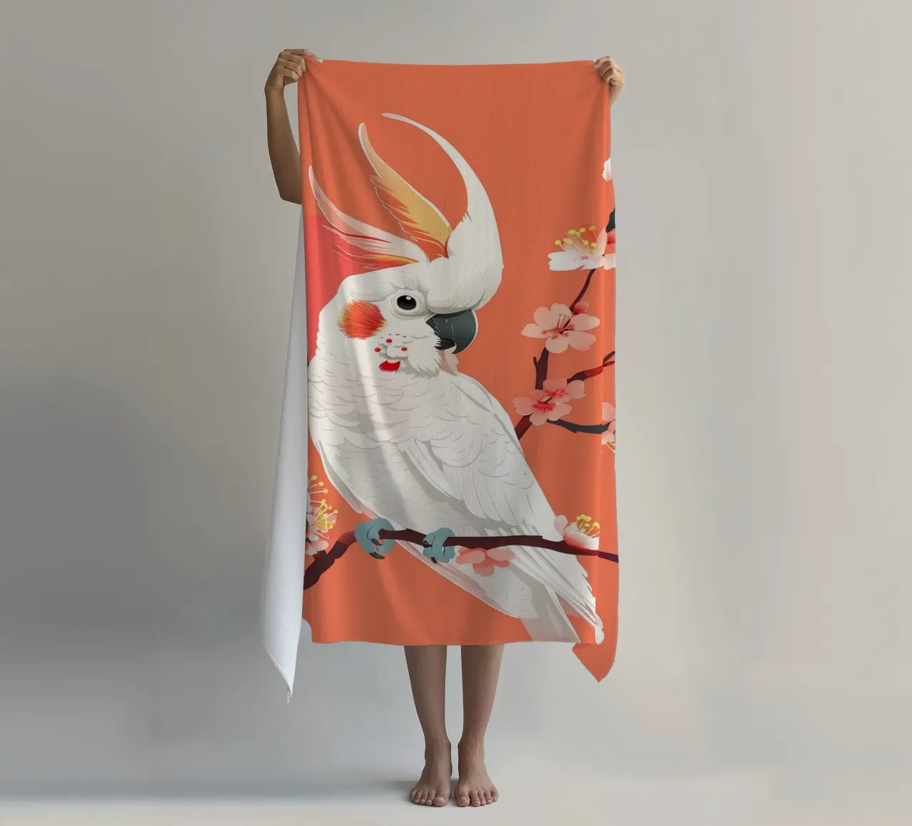 Cacatua su ramo con fiori illustrazione telo mare da DesignDoodle