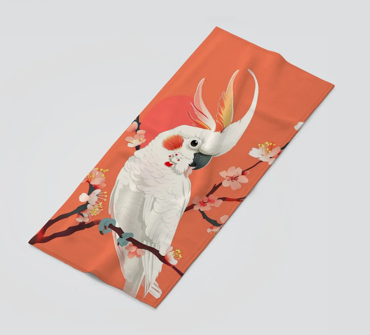 Cacatua su ramo con fiori illustrazione telo mare da DesignDoodle