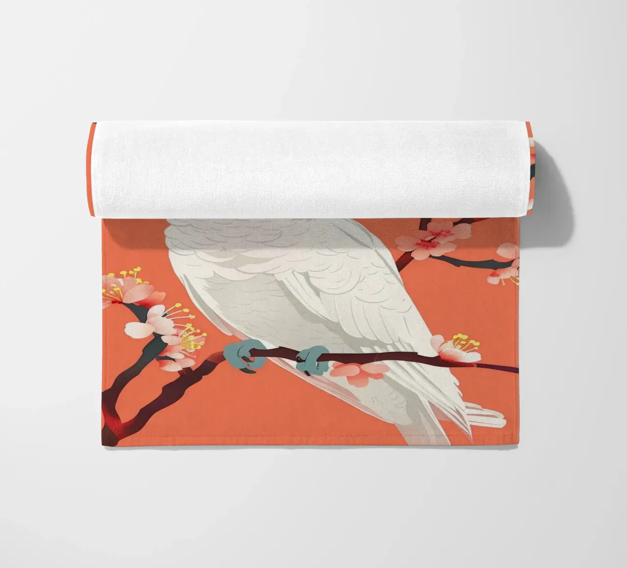Cacatua su ramo con fiori illustrazione telo mare da DesignDoodle