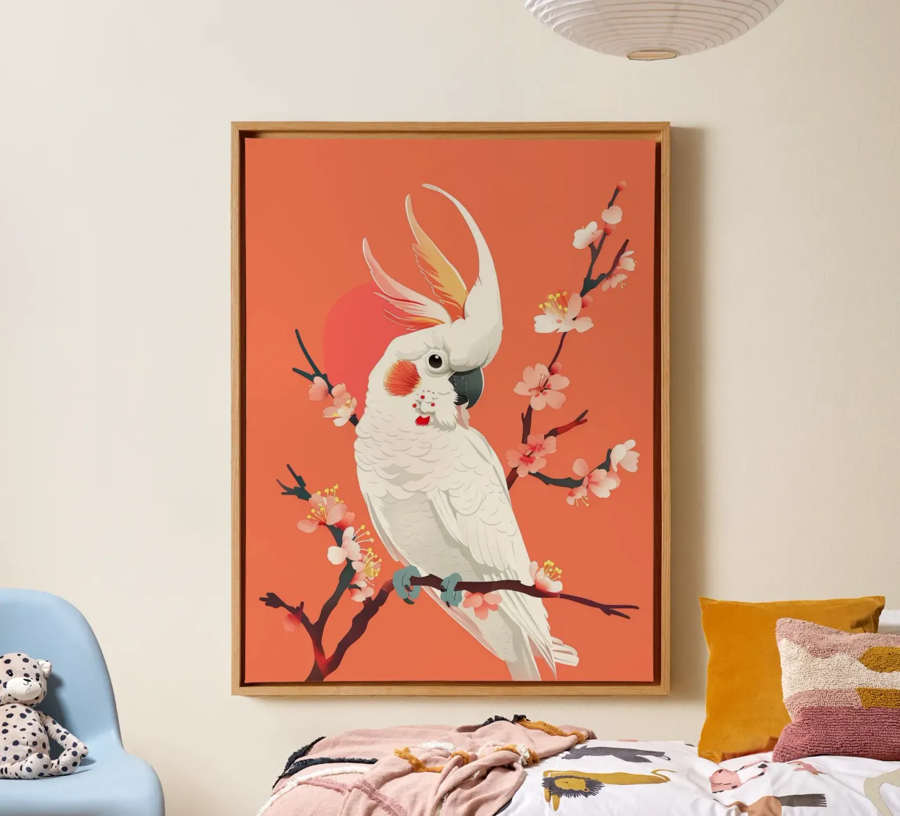 Cacatua su ramo con fiori illustrazione tela con Cornice a cassetta da DesignDoodle