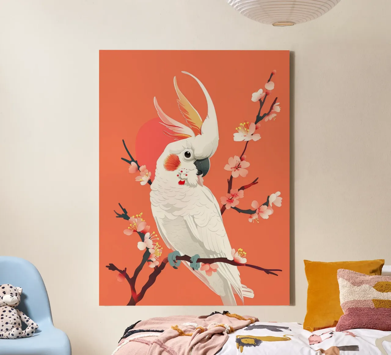 Cacatua su ramo con fiori illustrazione tela con Cornice a cassetta da DesignDoodle