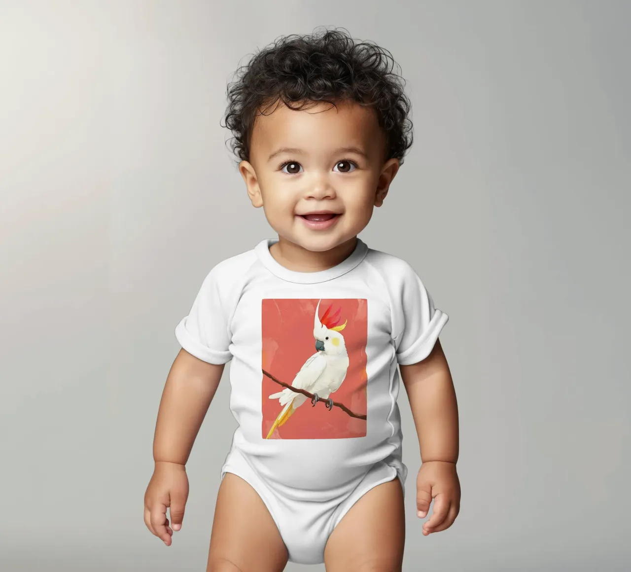 Weißer Kakadu auf einem Zweig sitzend Illustration Kurzarm Babybody von DesignDoodle