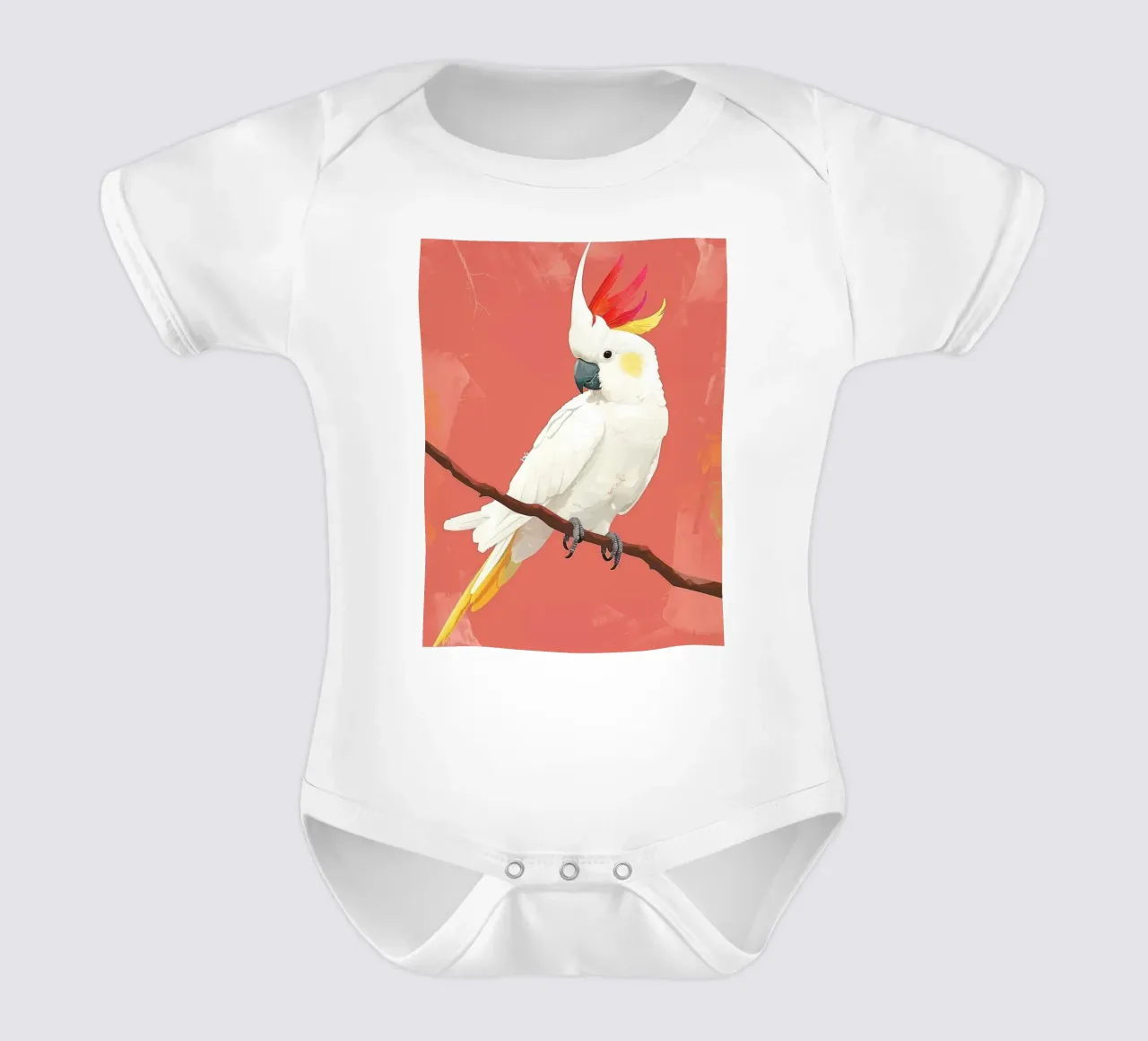 Weißer Kakadu auf einem Zweig sitzend Illustration Kurzarm Babybody von DesignDoodle