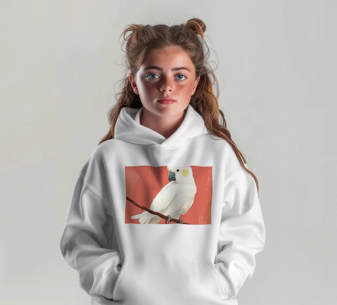 White Cockatoo Perched on Branch Illustration kids hoodie by DesignDoodle