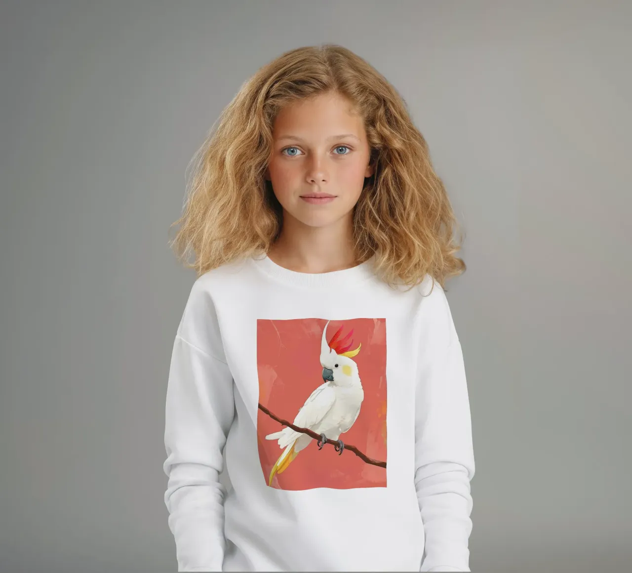 Illustrazione del cacatua bianco appollaiato su un ramo felpa bambino da DesignDoodle