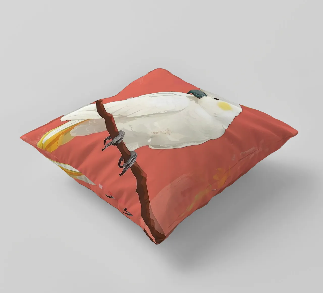 Illustrazione del cacatua bianco appollaiato su un ramo cuscino da DesignDoodle