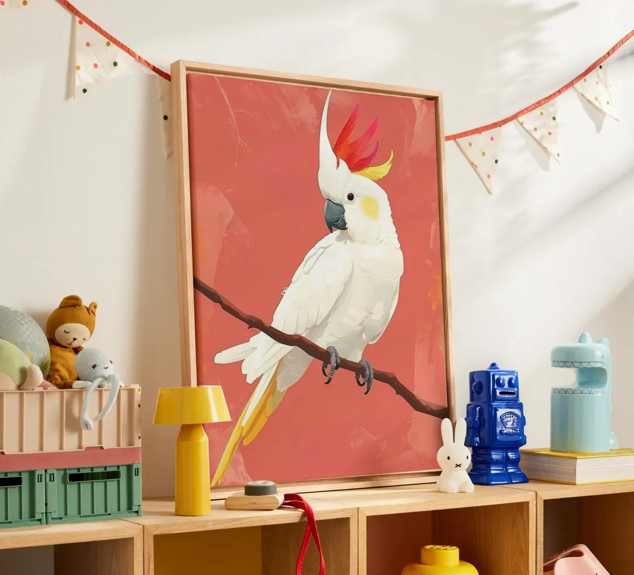 Illustrazione del cacatua bianco appollaiato su un ramo tela con Cornice a cassetta da DesignDoodle