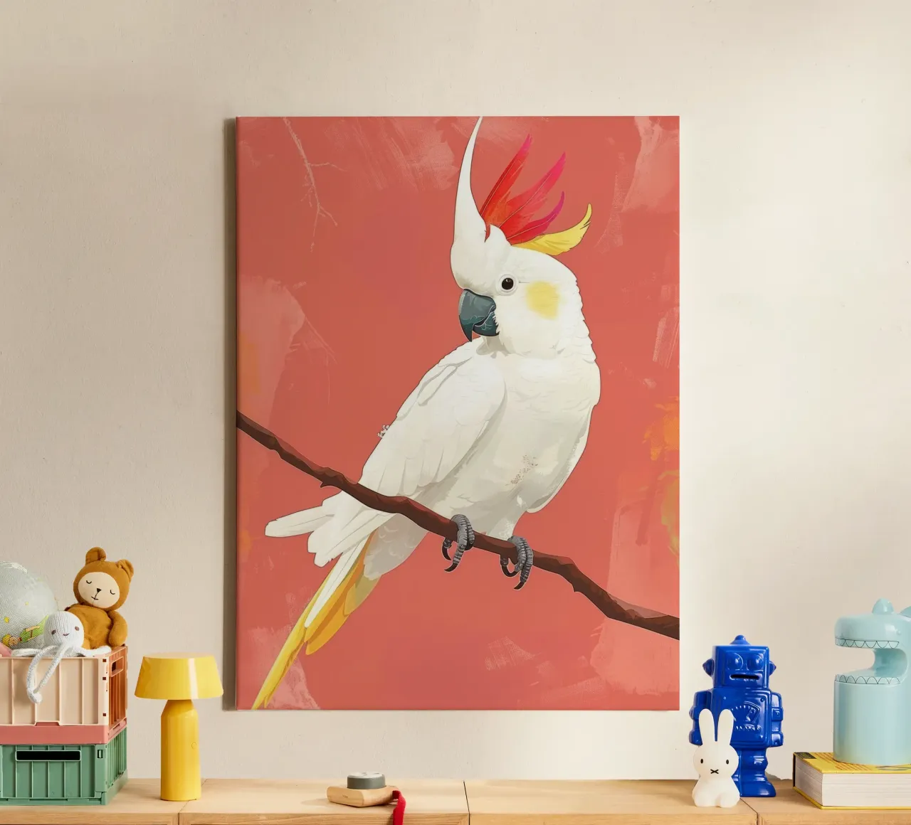 Illustrazione del cacatua bianco appollaiato su un ramo tela con Cornice a cassetta da DesignDoodle