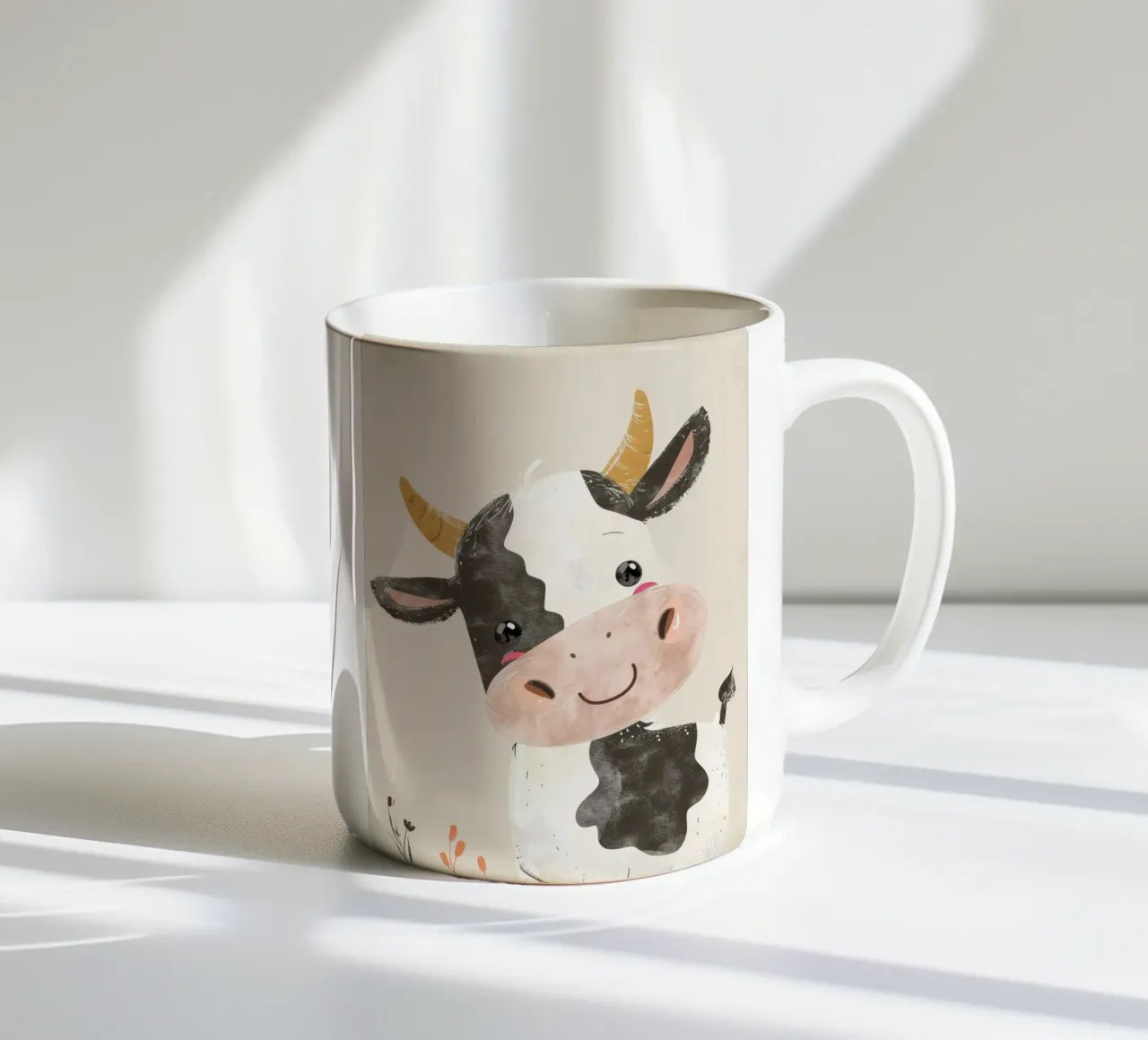 Mucca a cartoni animati con marcature in bianco e nero arte dell'acquerello tazza in ceramica da DesignDoodle